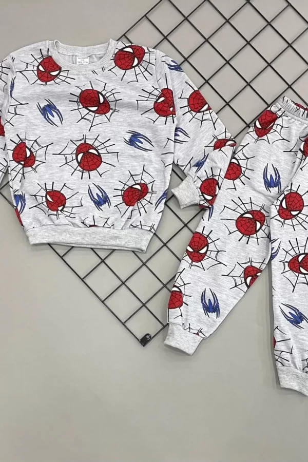 3-4-5-6 Yaş Örümcek Baskılı Şardonlu Uzun Kollu Kız Erkek Çocuk Takımı Gri
