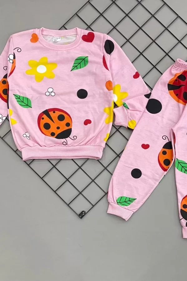 3-4-5-6 Yaş Uğur Böceği Baskılı Şardonlu Uzun Kollu Kız Çocuk Takımı Pembe