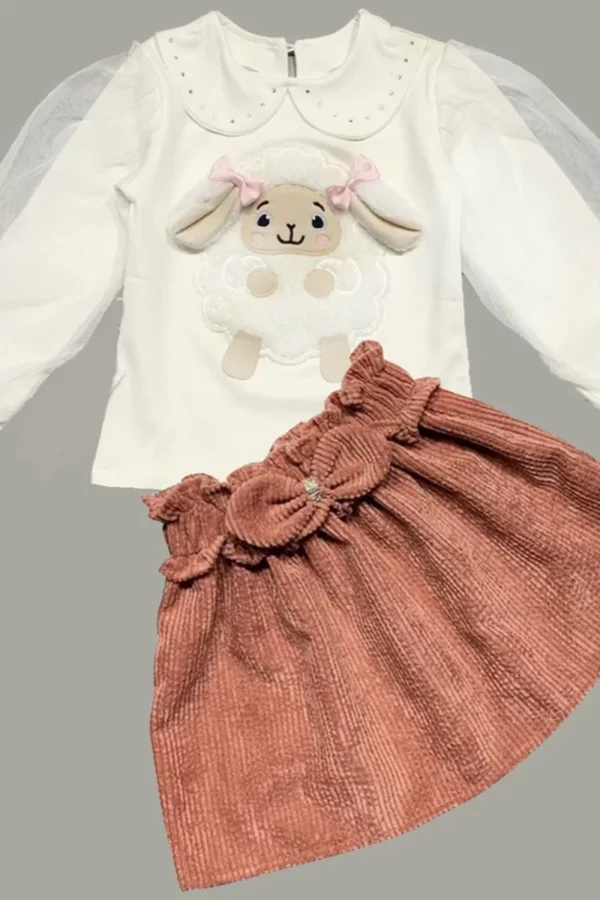 3-4-5 Yaş Fitilli Kadife Etekli Tüllü Ve Uzun Kollu Kuzu Nakışlı Sweat 2li Kız Çocuk Takımı Kahverengi