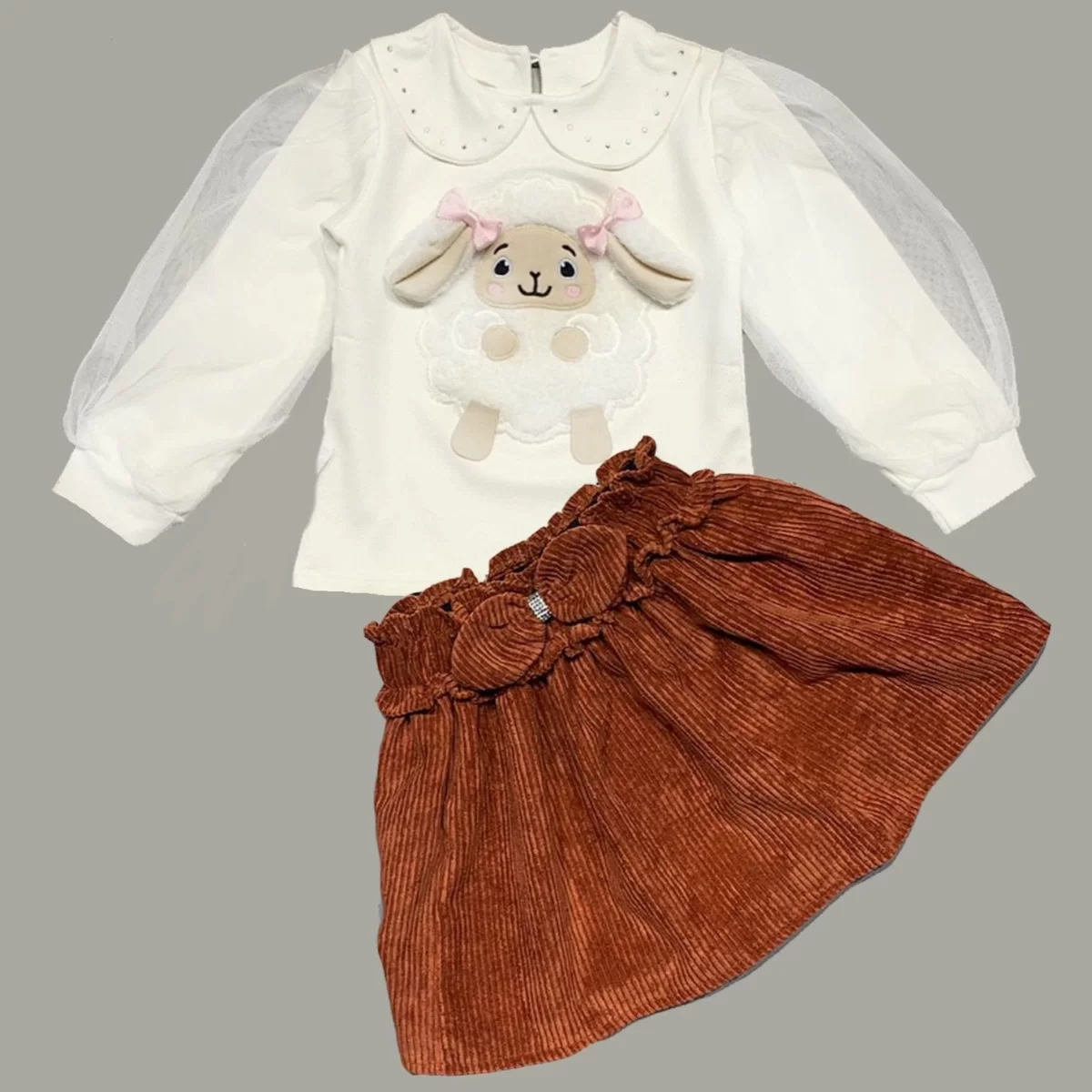 3-4-5 Yaş Fitilli Kadife Etekli Tüllü Ve Uzun Kollu Kuzu Nakışlı Sweat 2li Kız Çocuk Takımı
