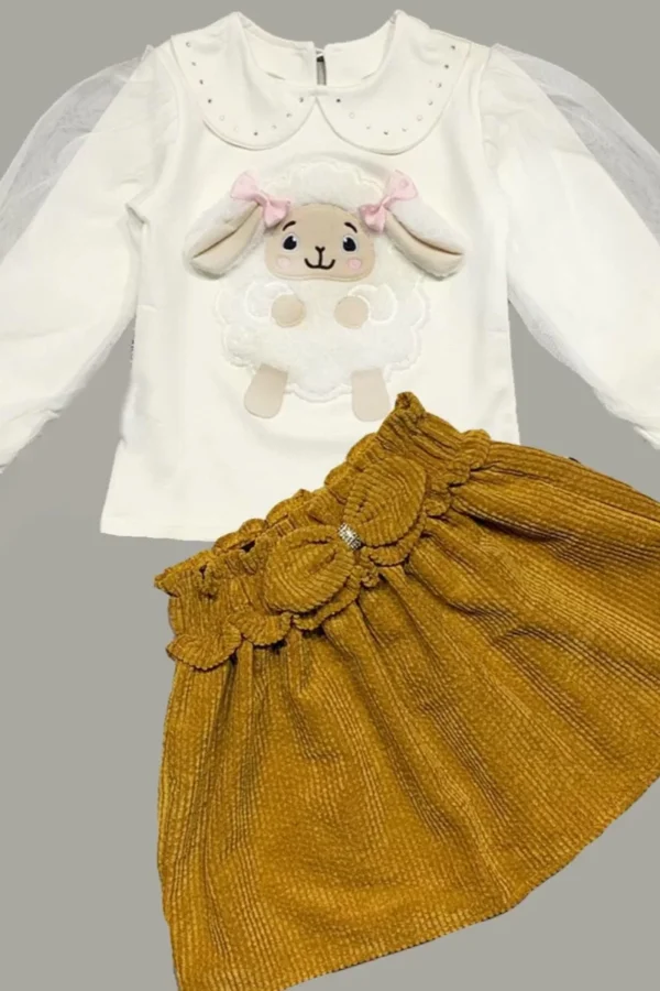 3-4-5 Yaş Fitilli Kadife Etekli Tüllü Ve Uzun Kollu Kuzu Nakışlı Sweat 2li Kız Çocuk Takımı Hardal