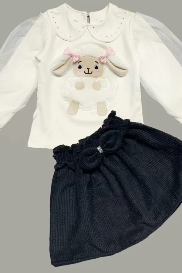 3-4-5 Yaş Fitilli Kadife Etekli Tüllü Ve Uzun Kollu Kuzu Nakışlı Sweat 2li Kız Çocuk Takımı Siyah