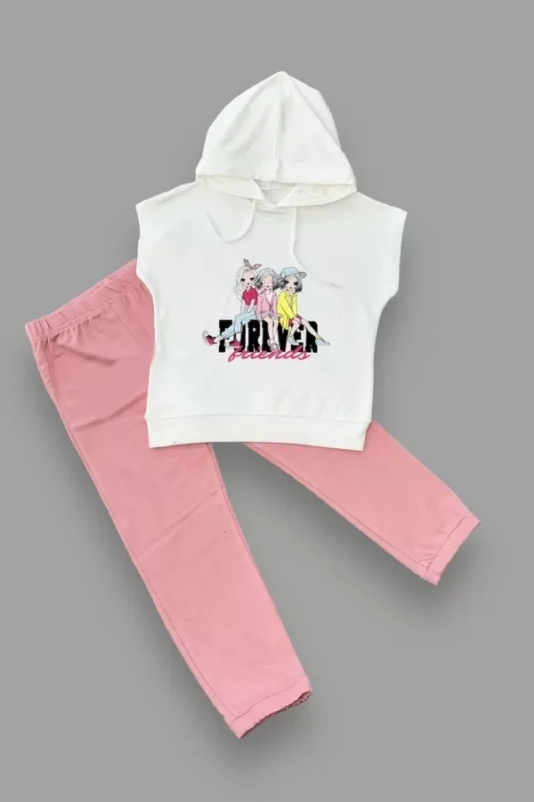 3-4-5 Yaş Forever Cici Kızlar Baskılı Kapşonlu 2li Kız Çocuk Takımı Gül Kurusu