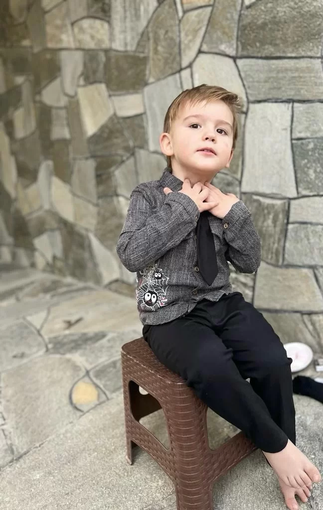 3-4-5 Yaş Kravatlı Keten Gömlek Gabardin Pantolon Uzun Kollu 3lü Erkek Çocuk Takımı - Görsel 2