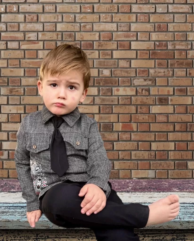 3-4-5 Yaş Kravatlı Keten Gömlek Gabardin Pantolon Uzun Kollu 3lü Erkek Çocuk Takımı - Görsel 3