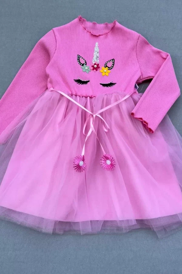 3-4-5 Yaş Taşlı Pony Figürlü Uzun Kollu Astarlı Tütü Etekli Kız Çocuk Elbisesi Pembe