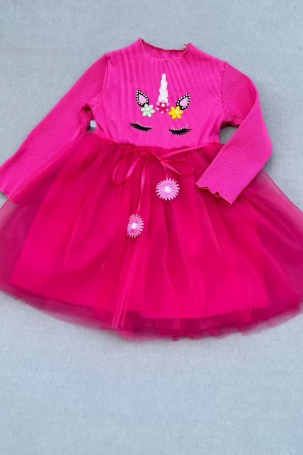 3-4-5 Yaş Taşlı Pony Figürlü Uzun Kollu Astarlı Tütü Etekli Kız Çocuk Elbisesi