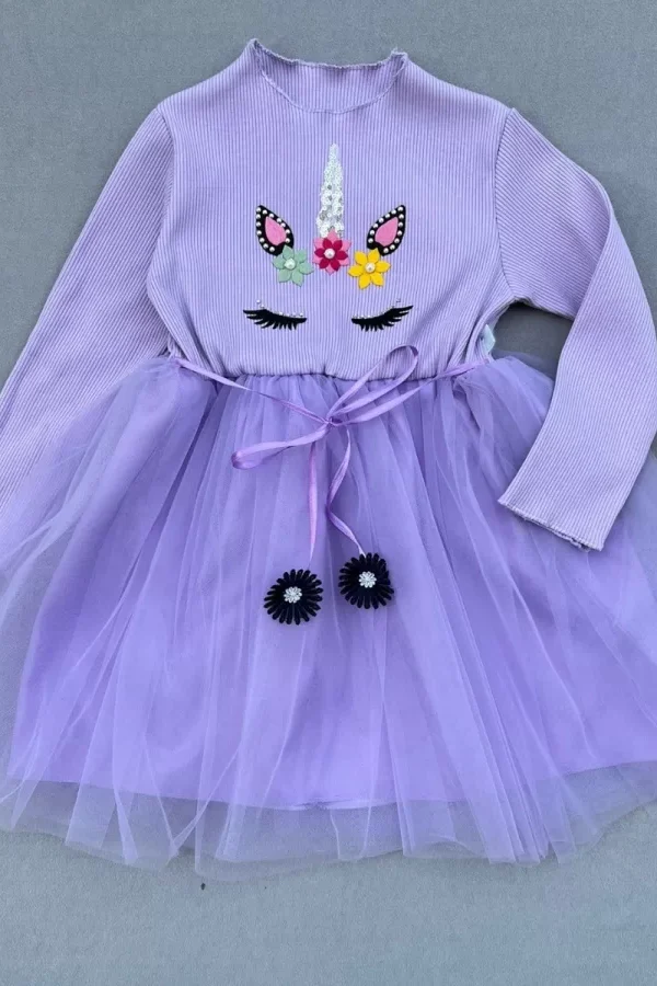 3-4-5 Yaş Taşlı Pony Figürlü Uzun Kollu Astarlı Tütü Etekli Kız Çocuk Elbisesi Lila