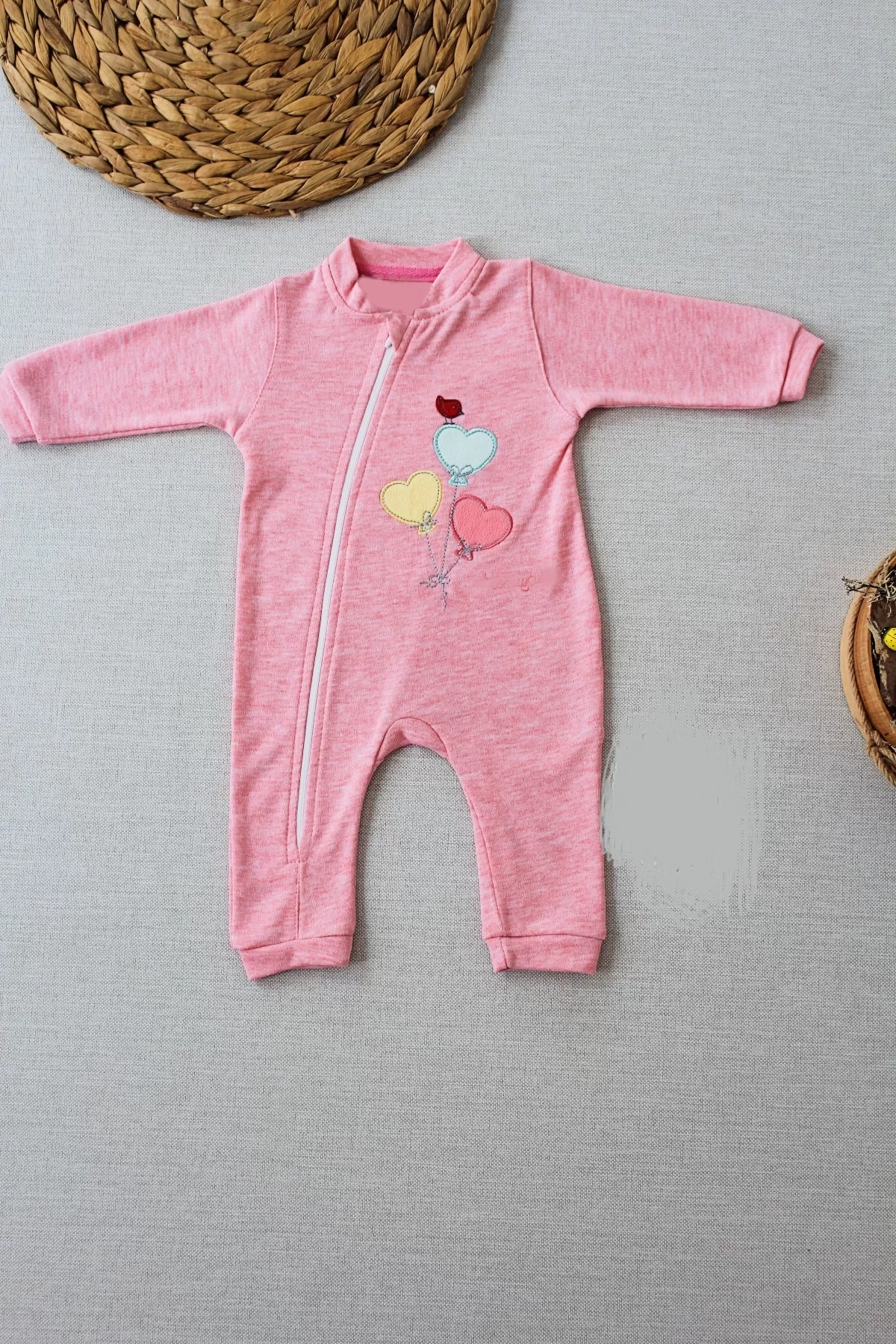 3-6 18-24 24-36 Ay Uçan Balonlar Nakışlı Ef Boy Fermuarlı Kız Bebek Tulumu - Görsel 2