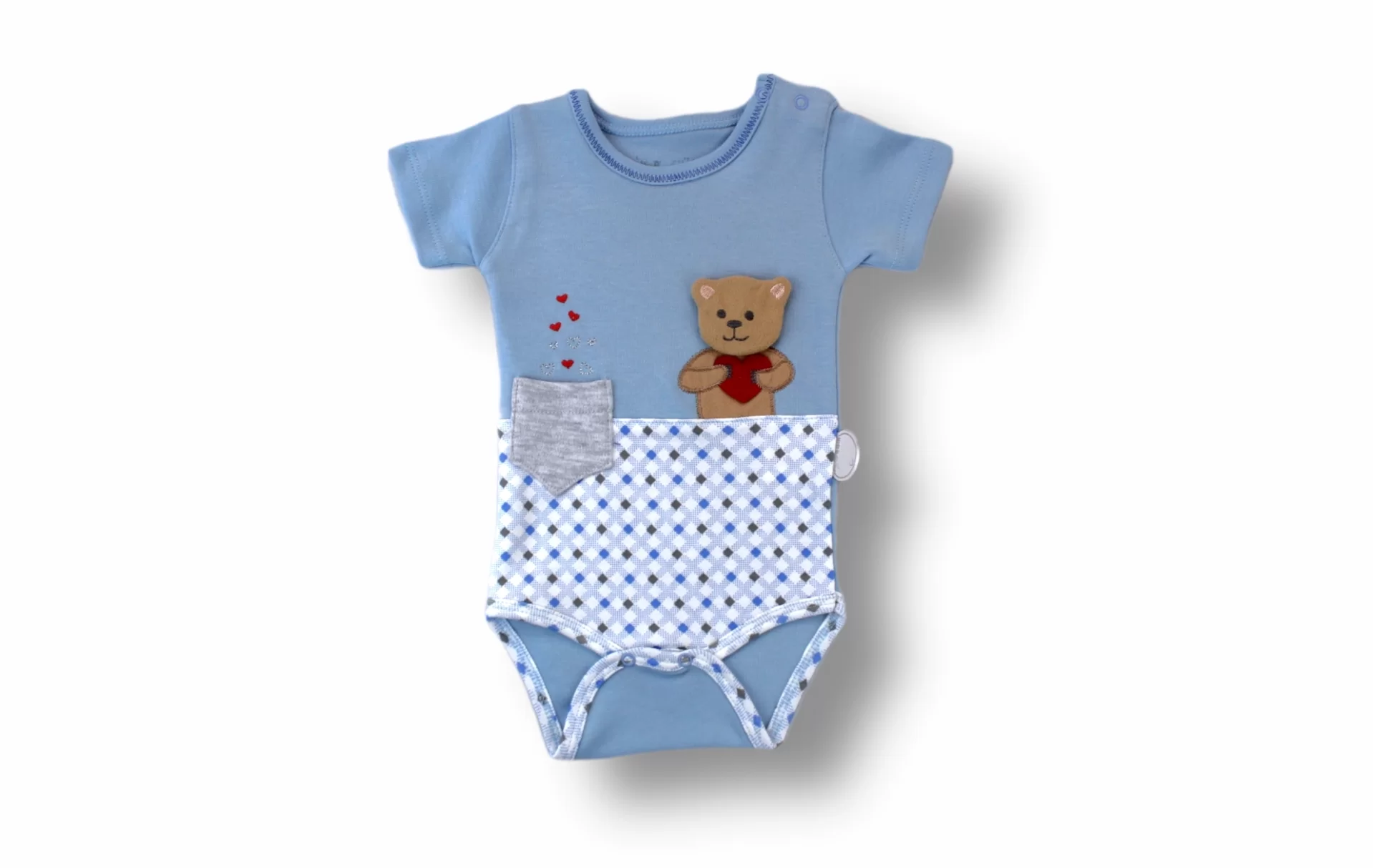 3-6 6-9 9-12 12-18 Ay Romantik Ayıcık Nakışlı Bandajlı Kısa Kollu Zıbınlı 3lü Kız-erkek Bebek Takımı - Görsel 2