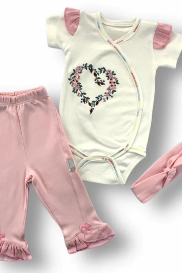 3-6 6-9 9-12 Ay Anadolu Çiçeği Nakışlı Bandanalı Kısa Kollu Zıbınlı 3lü Kız Bebek Takımı