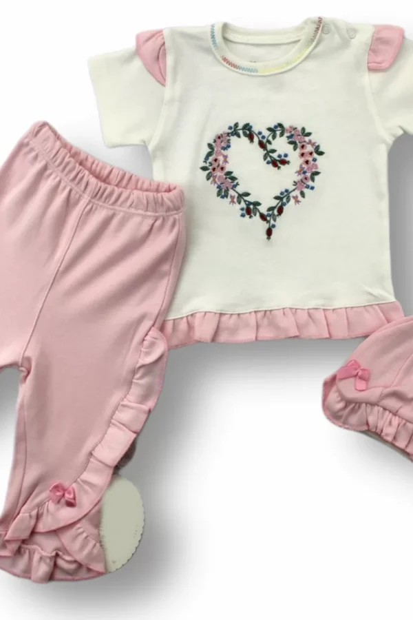 3-6 6-9 9-12 Ay Anadolu Çiçeği Nakışlı Şapkalı Kısa Kollu Sweatli 3lü Kız Bebek Takımı