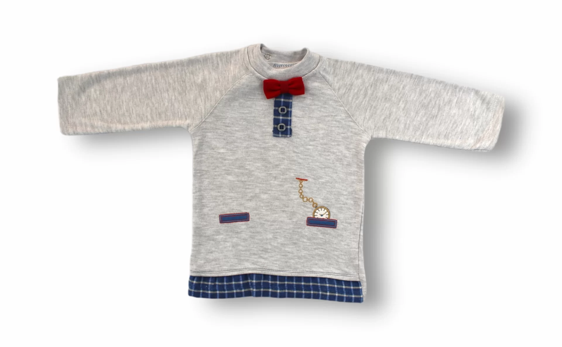 3-6 6-9 9-12 Ay Cep Saat Nakışlı Şapkalı Uzun Kollu Sweatli 3lü Erkek Bebek Takımı - Görsel 2