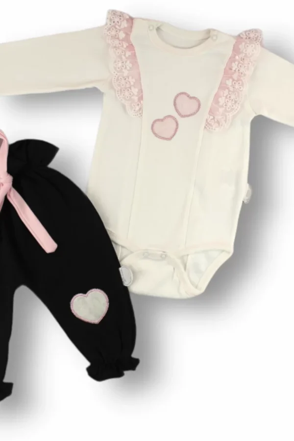 3-6 6-9 9-12 Ay Irmak Tüllü Kalp Nakışlı Uzun Kollu Zıbınlı 2li Kız Bebek Takımı