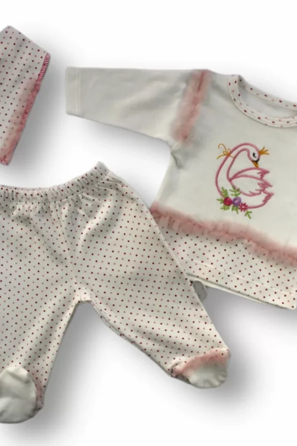 3-6 6-9 9-12 Ay Kraliçe Kuğu Nakışlı Bandajlı Uzun Kollu Sweatli 3lü Kız Bebek Takımı