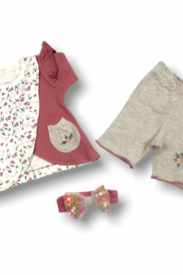 3-6 6-9 9-12 Ay Melek Kız Nakışlı Bandanalı Kısa Kollu Sweatli Şortlu 3lü Kız Bebek Takımı