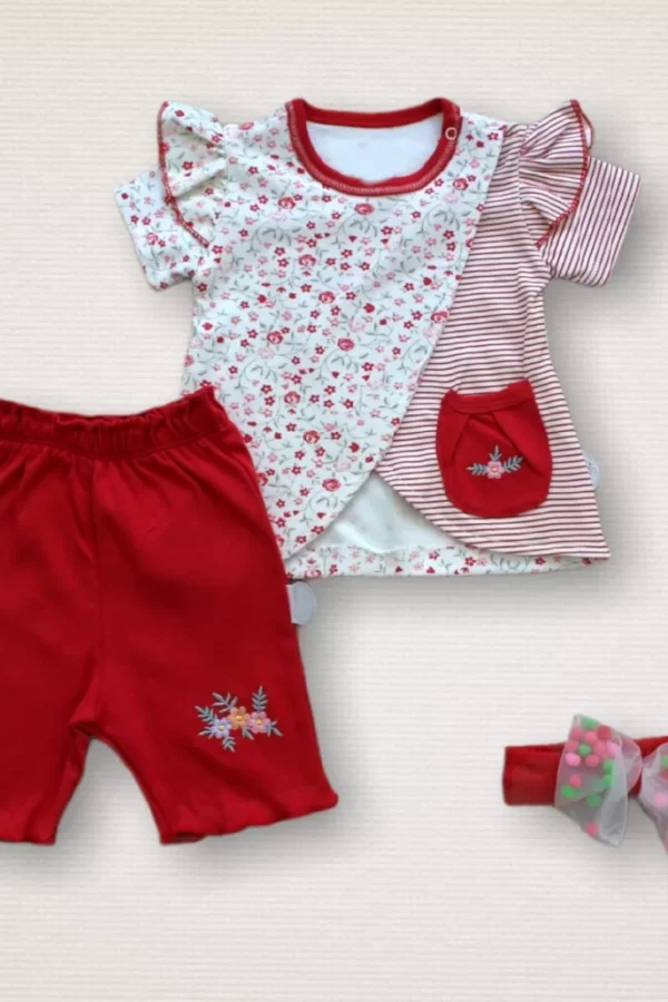 3-6 6-9 9-12 Ay Melek Kız Nakışlı Bandanalı Kısa Kollu Sweatli Şortlu 3lü Kız Bebek Takımı