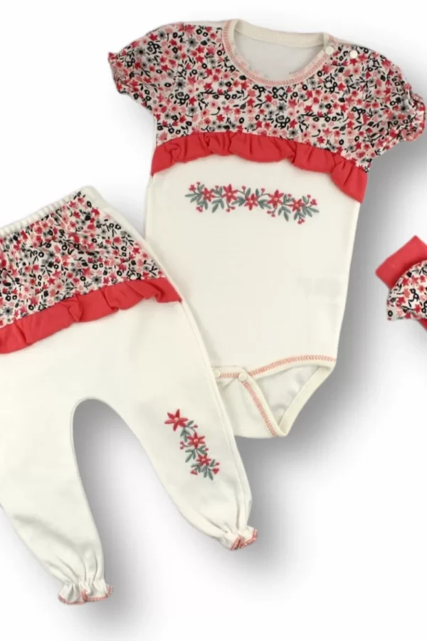 3-6 6-9 9-12 Ay Mimoza Baskılı Bandanalı Kısa Kollu Zıbınlı 3lü Kız Bebek Takımı