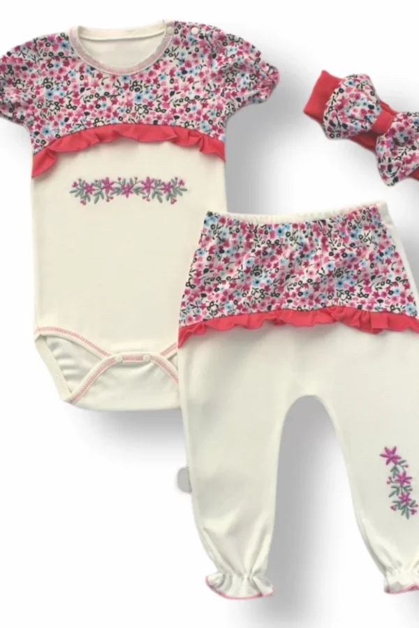 3-6 6-9 9-12 Ay Mimoza Baskılı Bandanalı Kısa Kollu Zıbınlı 3lü Kız Bebek Takımı