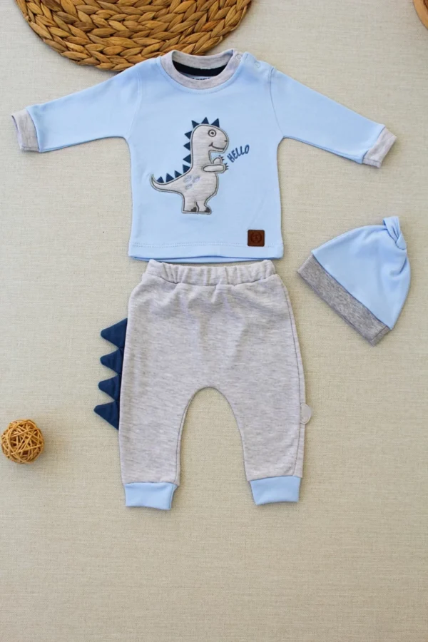 3-6 6-9 9-12 Ay Minik Dino Nakışlı Şapkalı Uzun Kollu Sweat 3lü Kız-erkek Bebek Takımı
