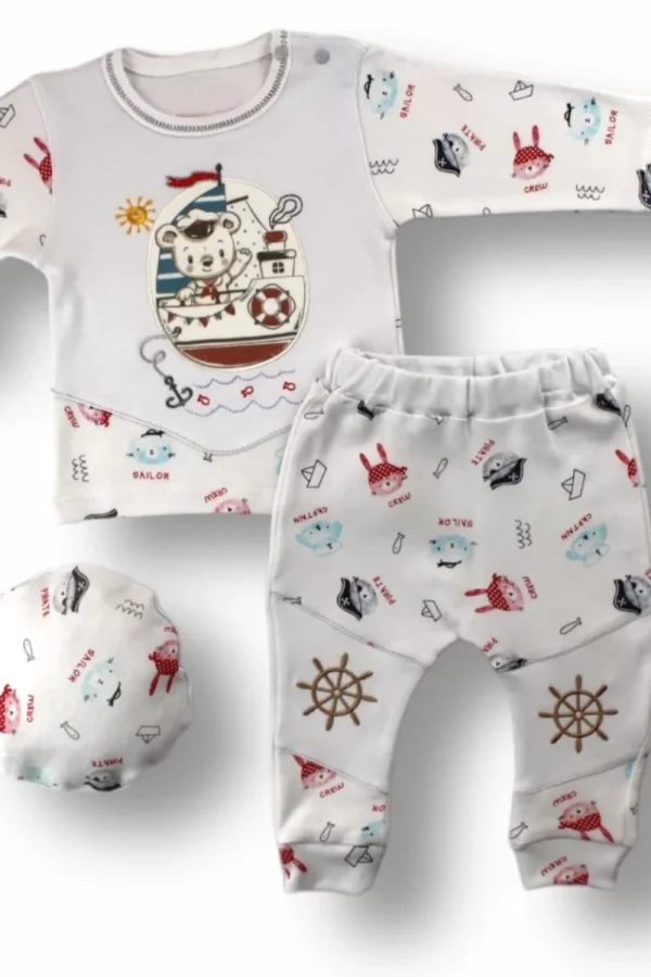 3-6 6-9 9-12 Ay Minik Korsan Nakışlı Şapkalı Uzun Kollu Sweatli 3lü Kız-erkek Bebek Takımı