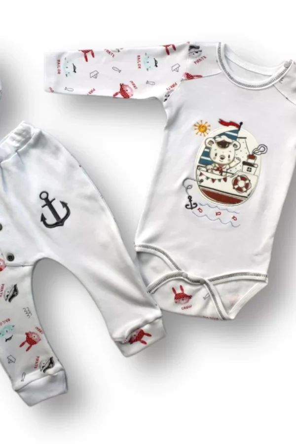 3-6 6-9 9-12 Ay Minik Korsan Nakışlı Şapkalı Uzun Kollu Zıbınlı 3lü Kız-erkek Bebek Takımı