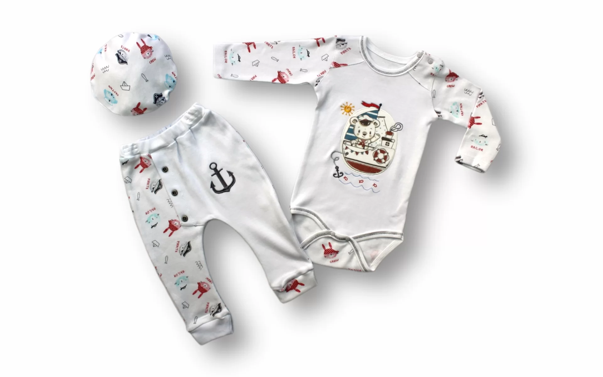 3-6 6-9 9-12 Ay Minik Korsan Nakışlı Şapkalı Uzun Kollu Zıbınlı 3lü Kız-erkek Bebek Takımı