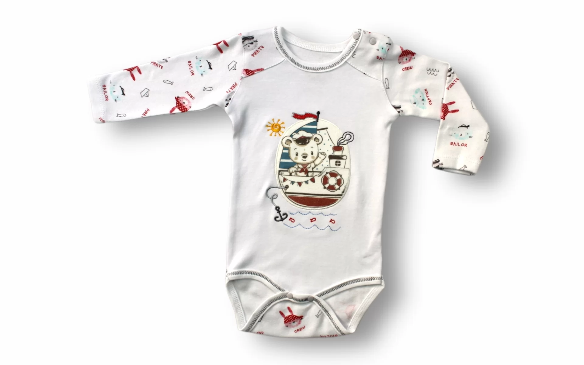 3-6 6-9 9-12 Ay Minik Korsan Nakışlı Şapkalı Uzun Kollu Zıbınlı 3lü Kız-erkek Bebek Takımı - Görsel 2