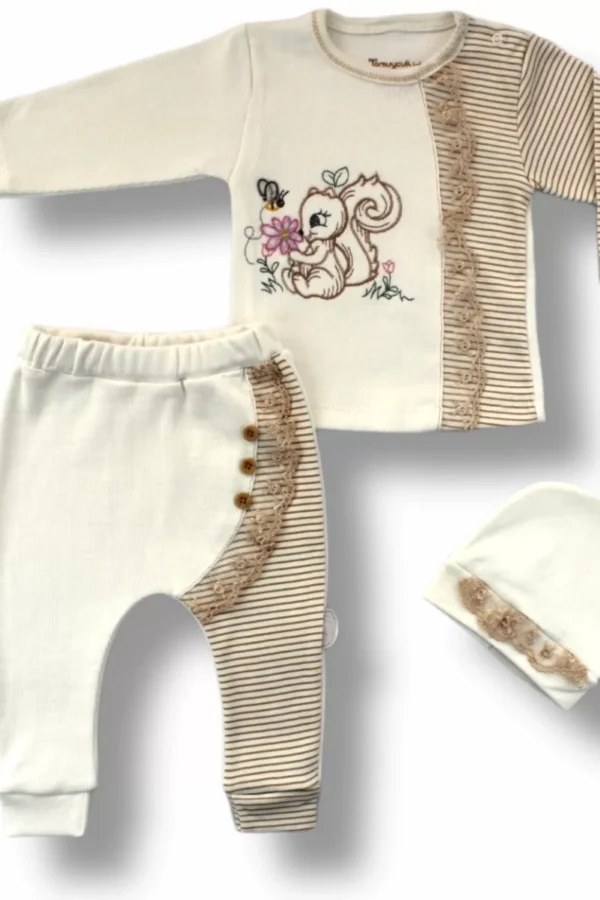 3-6 6-9 9-12 Ay Minik Sincap Nakışlı Şapkalı Uzun Kollu Sweatli 3lü Kız Bebek Takımı