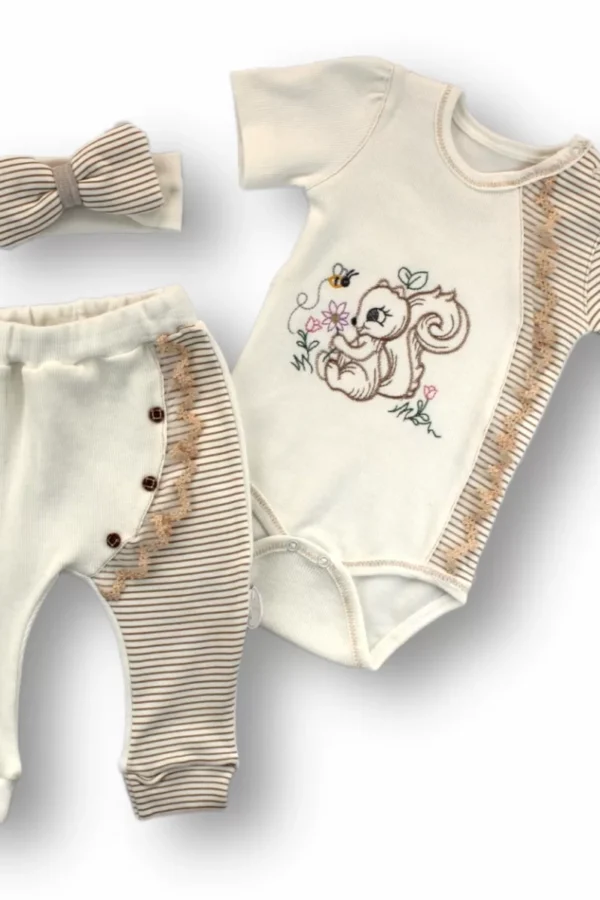 3-6 6-9 9-12 Ay Minik Sincap Nakışlı Şapkalı Uzun Kollu Zıbınlı 3lü Kız Bebek Takımı