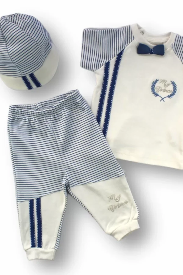 3-6 6-9 9-12 Ay My Prince Nakışlı Şapkalı Kısa Kollu Sweatli 3lü Erkek Bebek Takımı Ekru