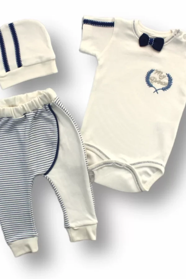 3-6 6-9 9-12 Ay My Prince Nakışlı Şapkalı Kısa Kollu Zıbınlı 3lü Erkek Bebek Takımı