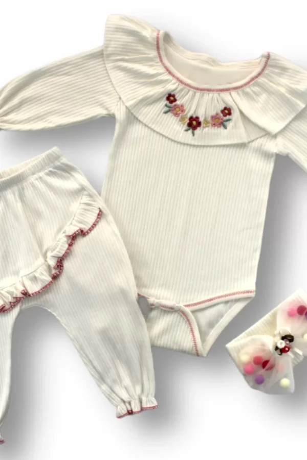 3-6 6-9 9-12 Ay Paris Çiçek Nakışlı Bandanalı Uzun Kollu Zıbınlı 3lü Kız Bebek Takımı