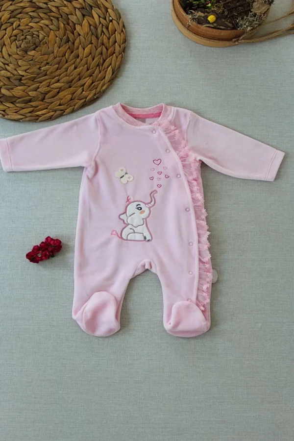 3-6 6-9 9-12 Ay Romantik Fil Nakışlı Pembe Süslü Kız Bebek Tulumu Pembe