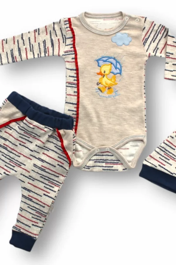 3-6 6-9 9-12 Ay Şemsiyeli Ördek Nakışlı Şapkalı Uzun Kollu Zıbınlı 3lü Kız-erkek Bebek Takımı