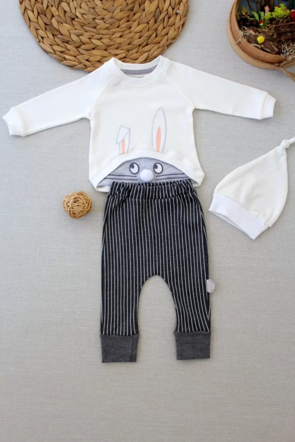 3-6 6-9 9-12 Ay Şımarık Tavşan Nakışlı Şapkalı Uzun Kollu Sweat 3lü Kız-erkek Bebek Takımı