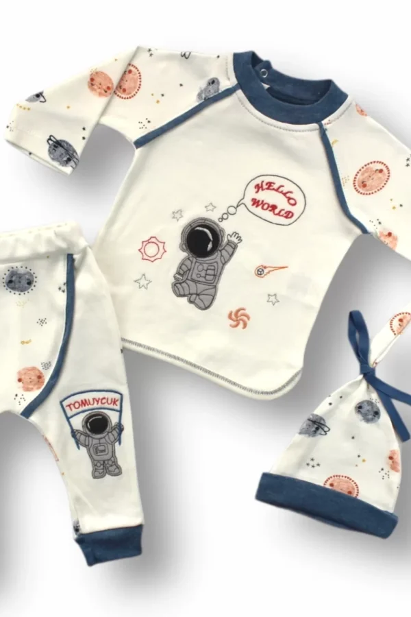 3-6 6-9 9-12 Ay Şirin Kozmonot Nakışlı Şapkalı Uzun Kollu Sweatli 3lü Kız-erkek Bebek Takımı