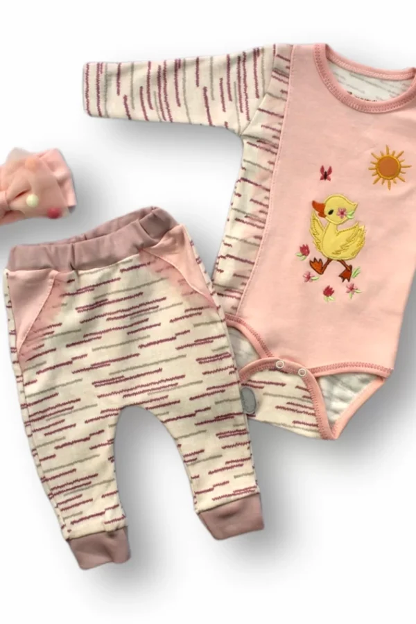 3-6 6-9 9-12 Ay Süslü Ördek Nakışlı Şapkalı Uzun Kollu Zıbınlı 3lü Kız Bebek Takımı