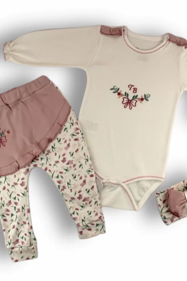 3-6 6-9 9-12 Ay Tb Çiçek Nakışlı Bandanalı Uzun Kollu Zıbınlı 3lü Kız Bebek Takımı Ekru