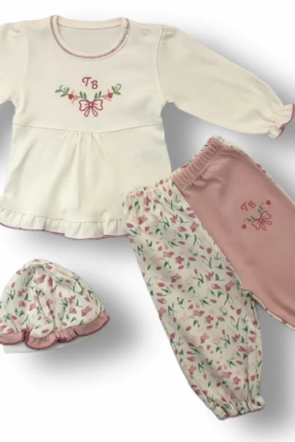 3-6 6-9 9-12 Ay Tb Çiçek Nakışlı Şapkalı Uzun Kollu Sweatli 3lü Kız Bebek Takımı Ekru