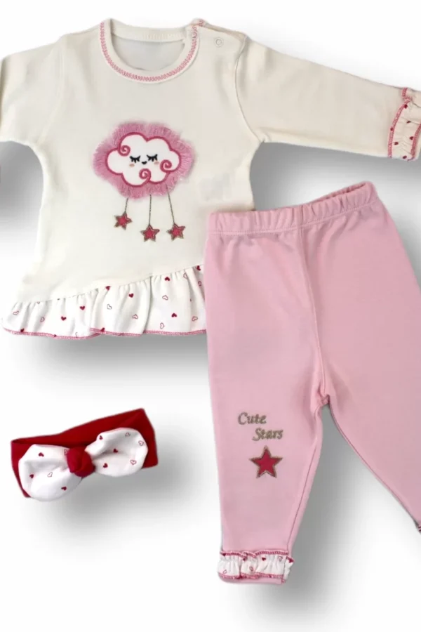 3-6 6-9 9-12 Ay Uykucu Bulut Nakışlı Bandanalı Uzun Kollu Sweat 3lü Kız Bebek Takımı Ekru