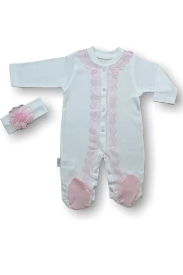 3-6 6-9 Ay Dantelli Boydan Çıtçıtlı Bandanalı Patikli Uzun Kollu Kız Bebek Tulumu Ekru