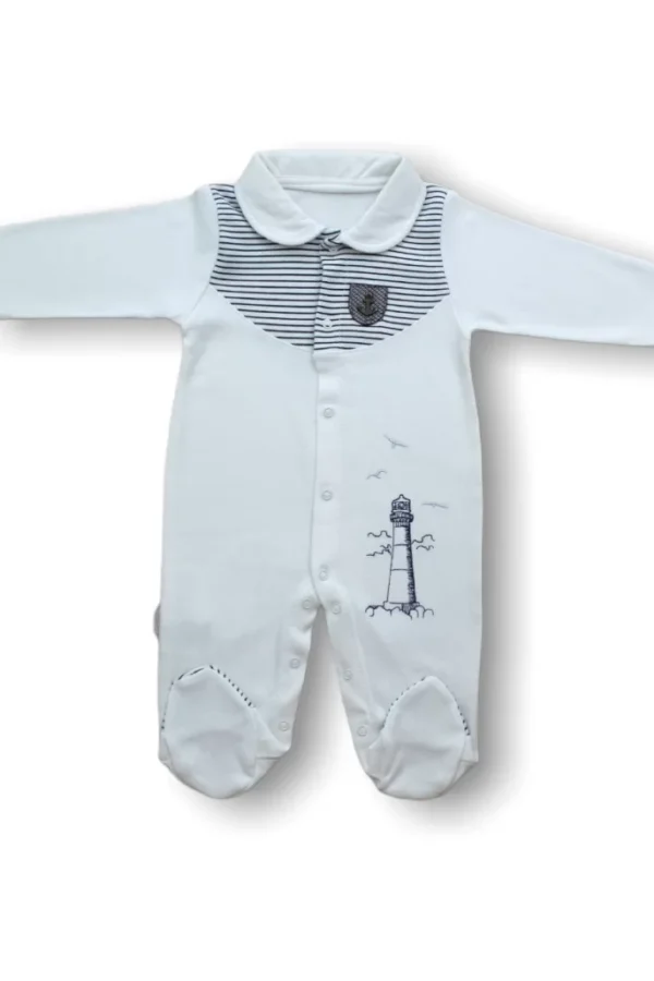 3-6 6-9 Ay Deniz Feneri Nakışlı Patikli Uzun Kollu Erkek Bebek Tulumu Ekru
