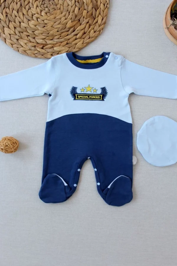 3-6 9-12 12-18 Ay Özel Kuvvetler Nakışlı Bere Şapkalı Kız Erkek Bebek Tulumu Lacivert