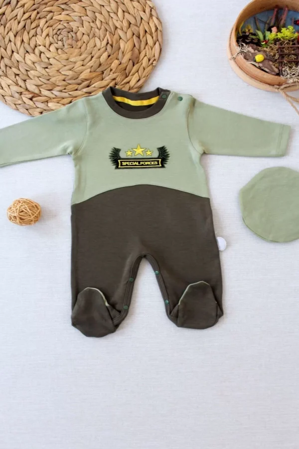 3-6 9-12 12-18 Ay Özel Kuvvetler Nakışlı Bere Şapkalı Kız Erkek Bebek Tulumu Yeşil