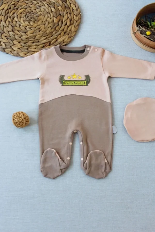 3-6 9-12 12-18 Ay Özel Kuvvetler Nakışlı Bere Şapkalı Kız Erkek Bebek Tulumu Sütlü Kahve