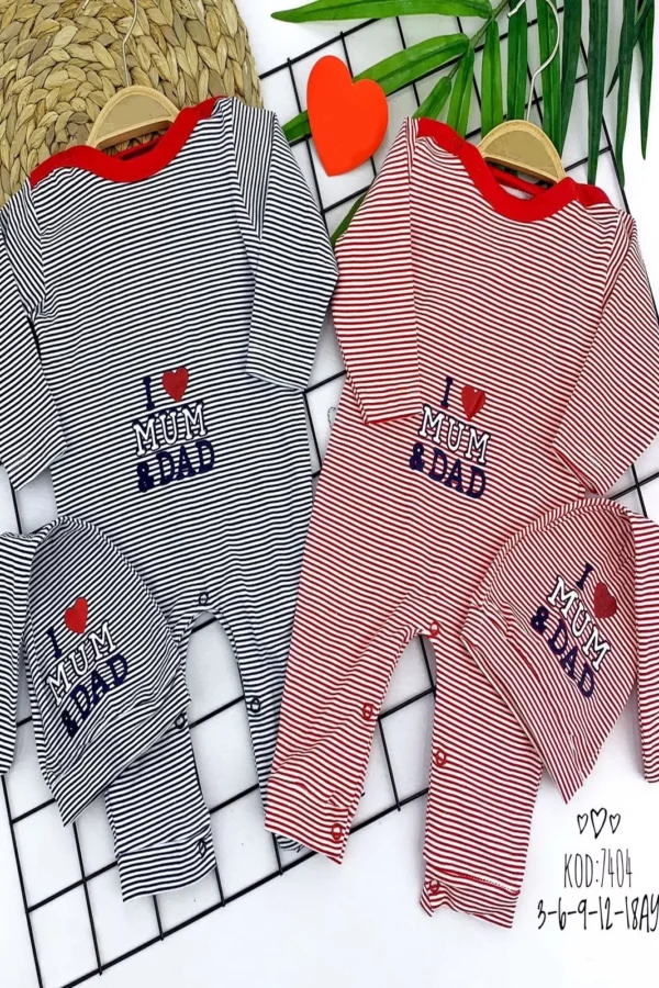 3-6-9-12-18 Ay Kuyruklu Şapkalı Melanjlı I Love Mum&dad Yazılı Uzun Kollu Kız Erkek Bebek Tulumu Lacivert