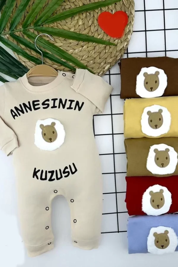 3-6-9-12 Ay Annesinin Kuzusu Baskılı Uzun Kollu Kız Erkek Bebek Tulumu Mavi