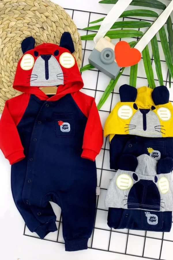 3-6-9-12 Ay Aslan Kapşonlu Çıt Çıt Kapama Erkek Bebek Tulumu Sarı