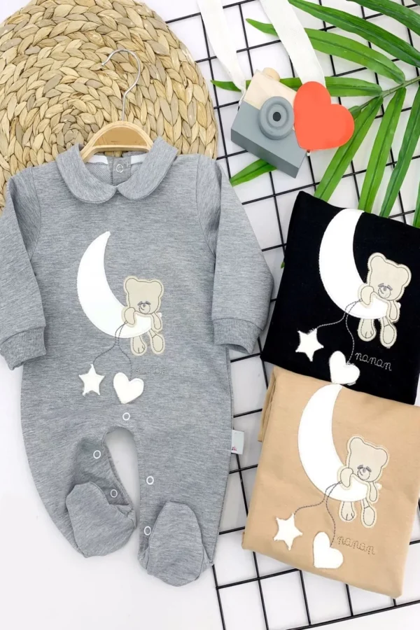 3-6-9-12 Ay Ayda Sallanan Ayıcık Nakışlı Kız Erkek Bebek Tulum Siyah